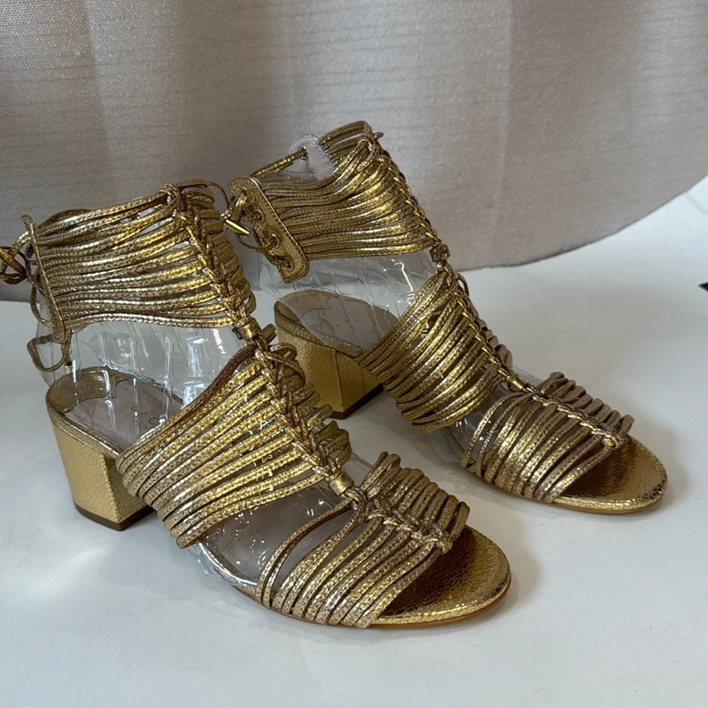 CECILIA NEW YORK Gold Metallic Strappy Block Heel Sandals - Picture 1 of 8